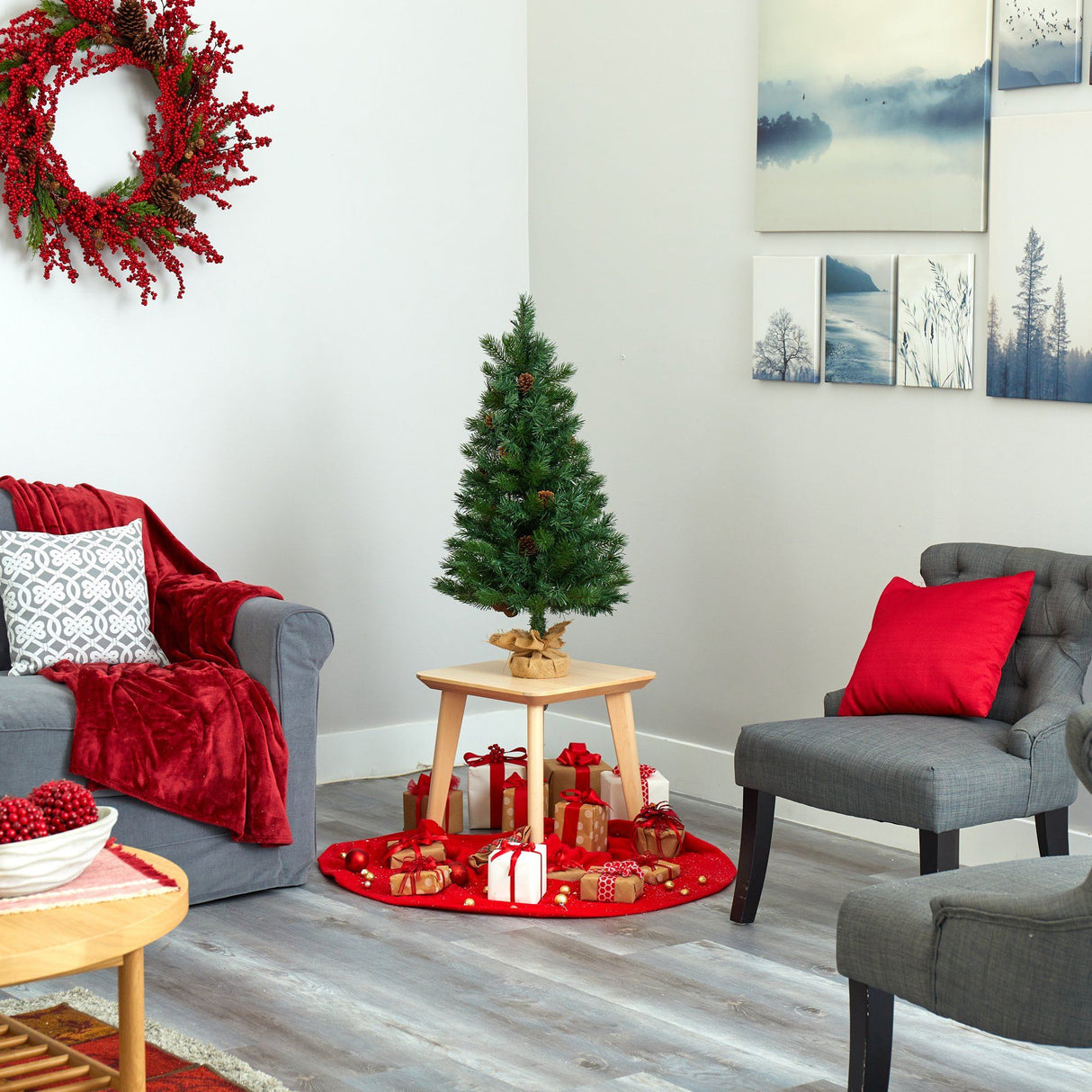 3’ Fraser Fir “Natural Look” Artificial Christmas Tree with 50 Clear LED Lights, Pinecones, a Burlap Base and 90 Bendable Branches-Christmas Tree-Parc Decor