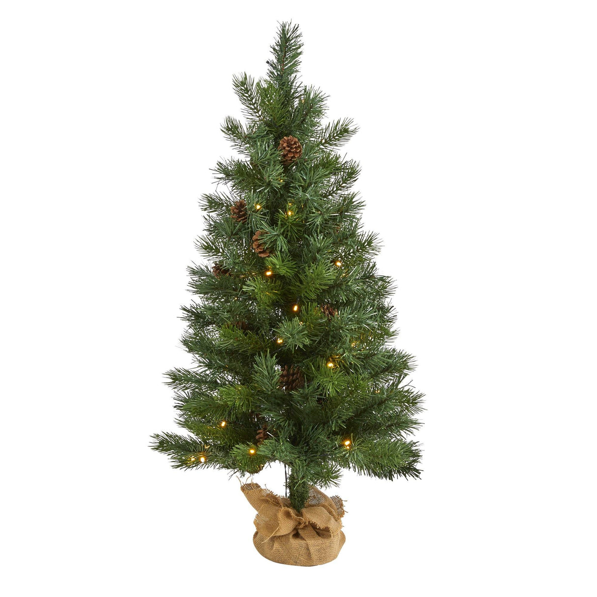 3’ Fraser Fir “Natural Look” Artificial Christmas Tree with 50 Clear LED Lights, Pinecones, a Burlap Base and 90 Bendable Branches-Christmas Tree-Parc Decor