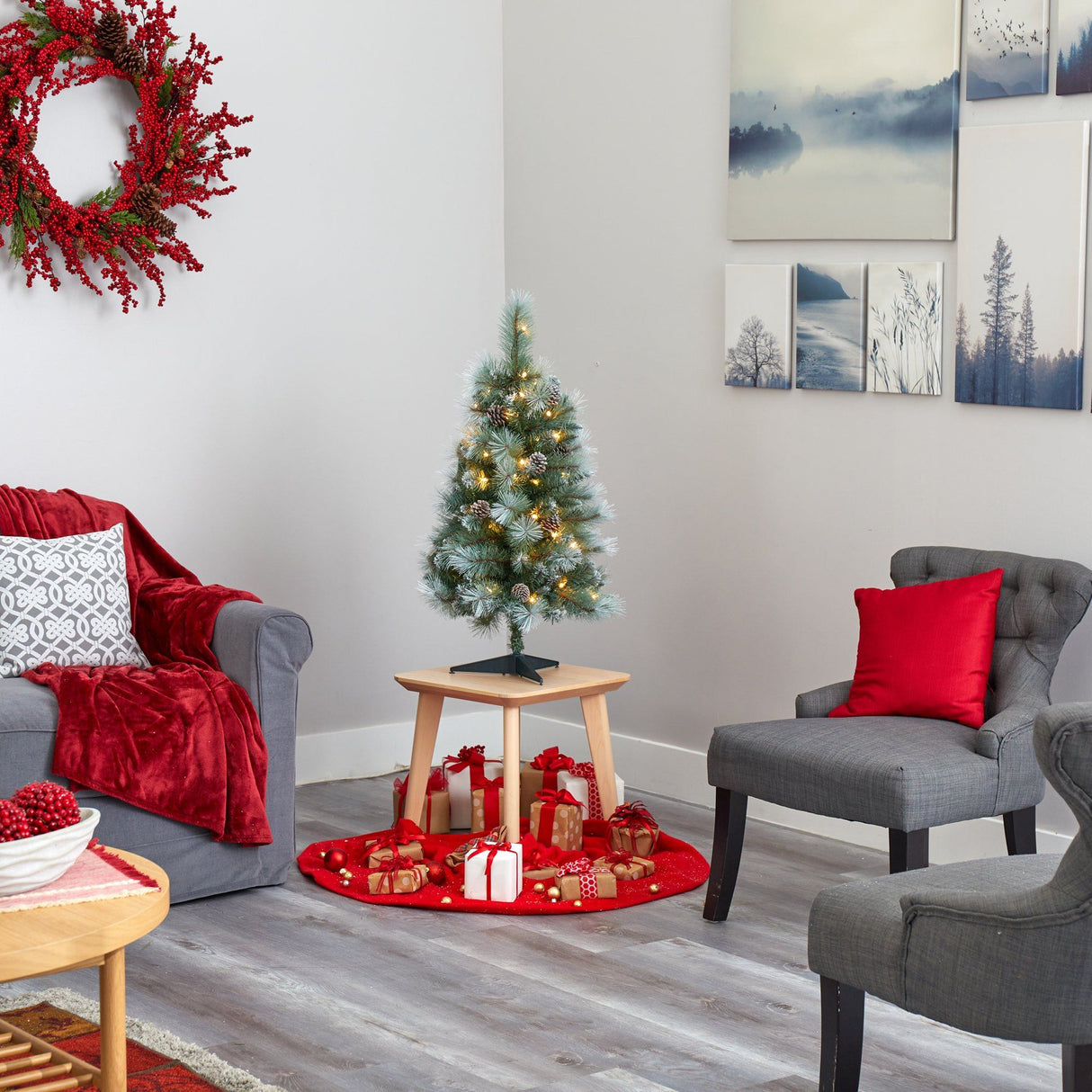 3’ Frosted Tip British Columbia Mountain Pine Artificial Christmas Tree with 50 Clear Lights, Pine Cones and 112 Bendable Branches-Christmas Tree-Parc Decor