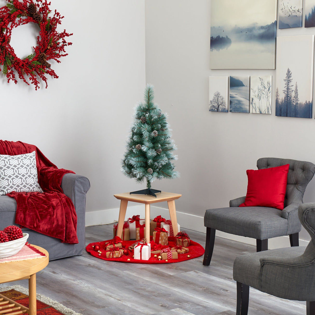 3’ Frosted Tip British Columbia Mountain Pine Artificial Christmas Tree with 50 Clear Lights, Pine Cones and 112 Bendable Branches-Christmas Tree-Parc Decor