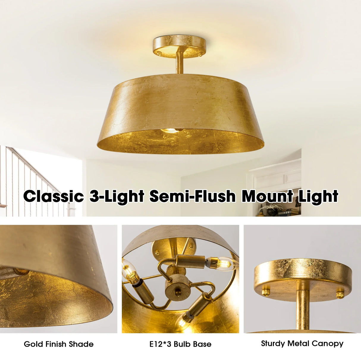 3-Light Golden Semi Flush Mount Lighting
