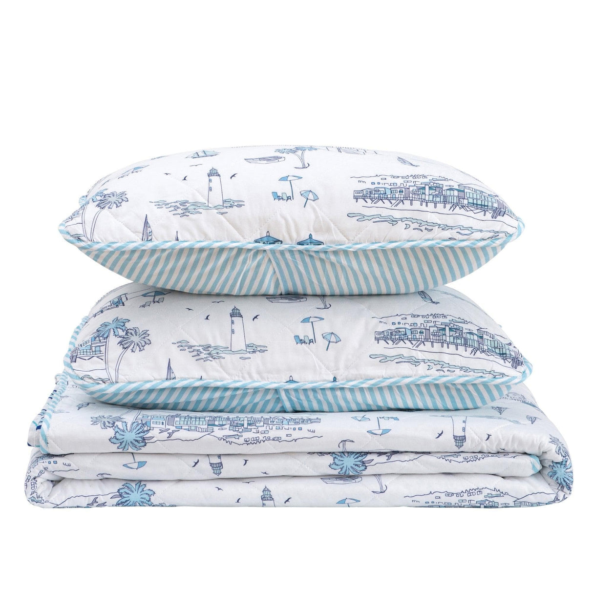 3-Piece Coastal Toile Quilt Set - Cape Elizabeth Collection-Parc Decor
