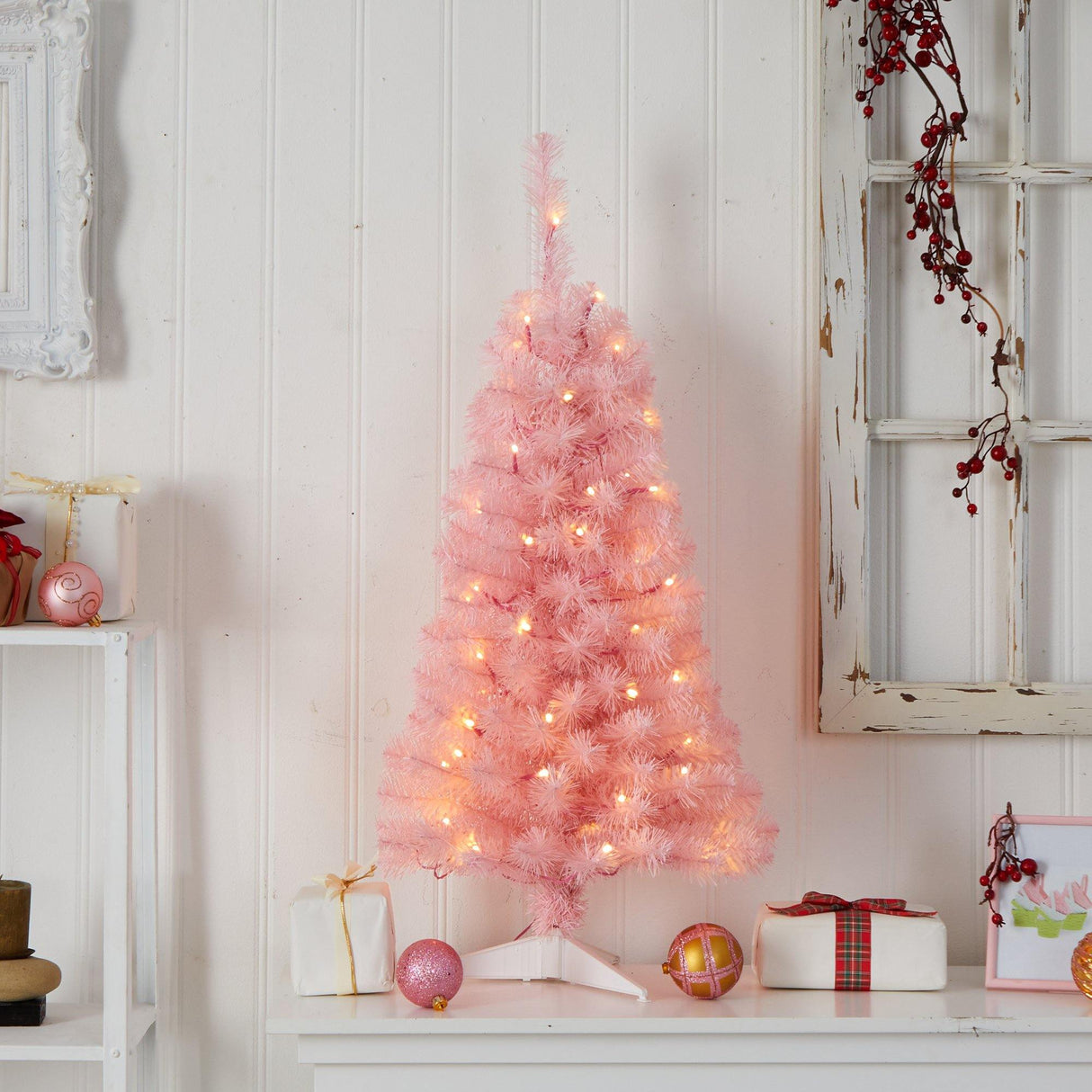3’ Pink Artificial Christmas Tree with 50 LED Lights and 118 Bendable Branches-Christmas Tree-Parc Decor