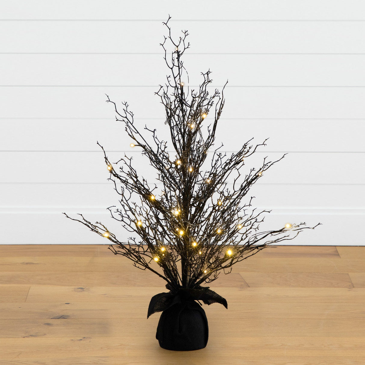 3’ Pre-Lit Halloween Black Twig Artificial Fall Tree in Burlap Planter with 42 Warm White LED Lights-Tree-Parc Decor