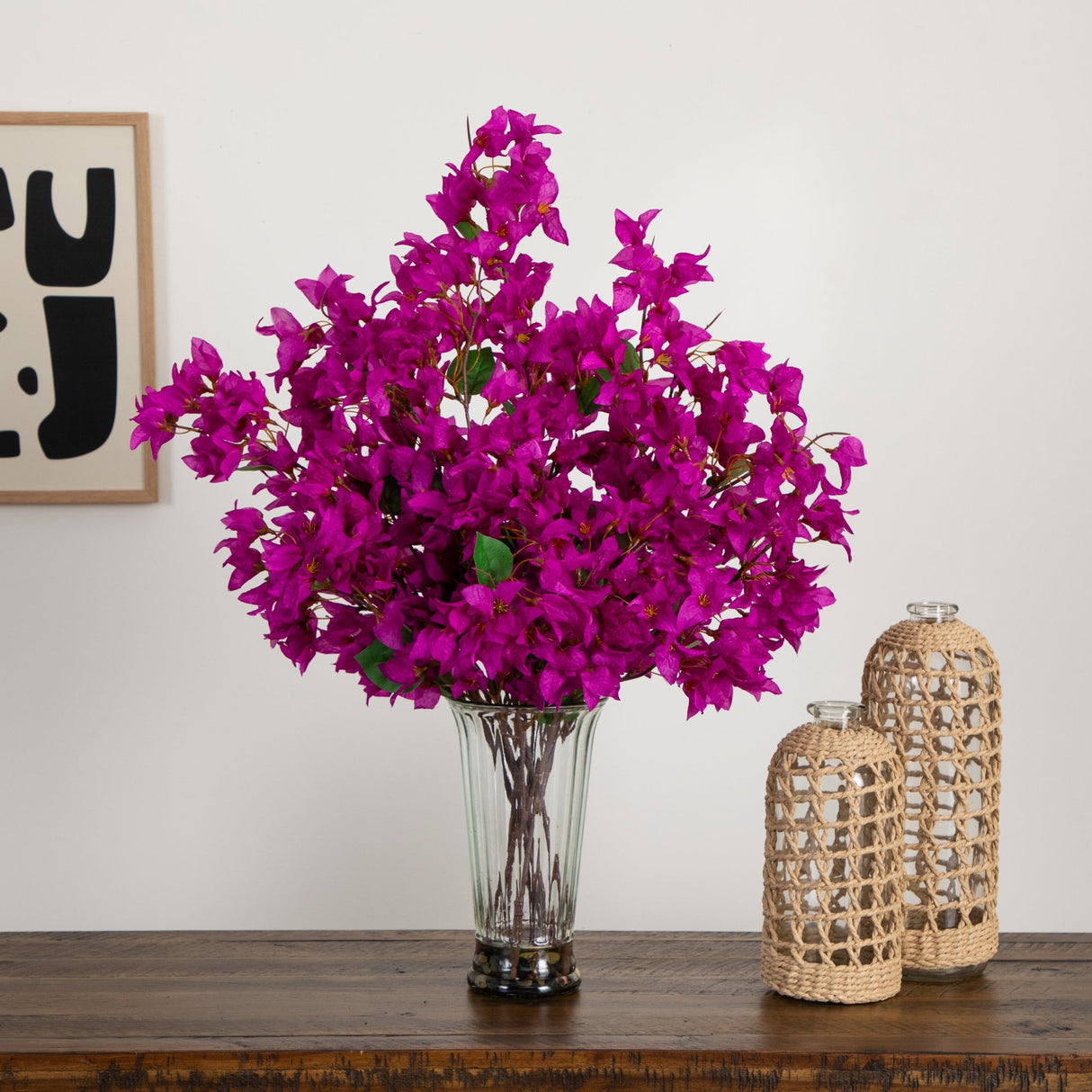 30” Artificial Bougainvillea Arrangement in Glass Vase-Arrangement-Parc Decor