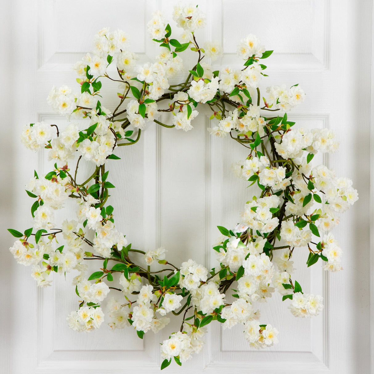 30” Artificial White Cherry Blossom Wreath-Wreath-Parc Decor