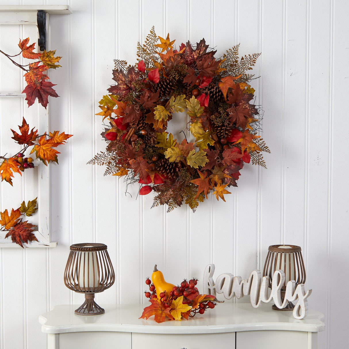 30” Autumn Maple Leaves, Acorn, Pinecones and Cinnamon Sticks Artificial Fall Wreath-Wreath-Parc Decor