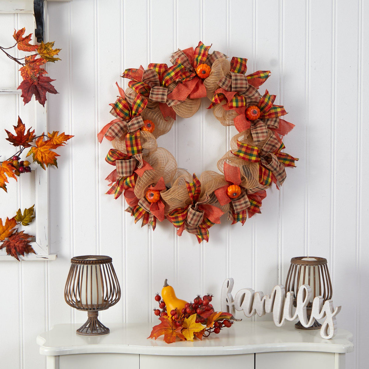 30” Autumn Pumpkin with Decorative Bows Artificial Fall Wreath-Wreath-Parc Decor