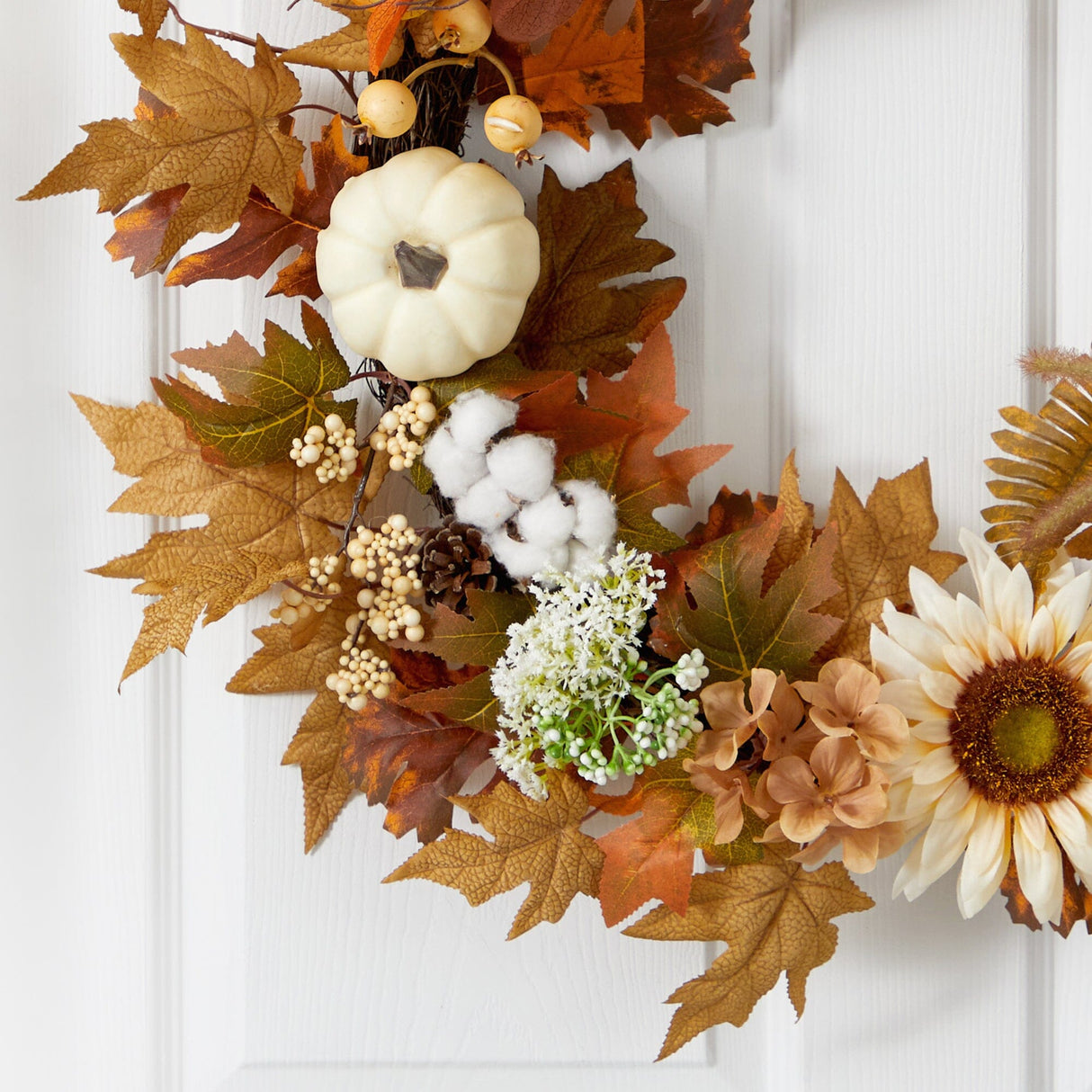 30” Autumn Sunflower, White Pumpkin and Berries Artificial Fall Wreath-Wreath-Parc Decor