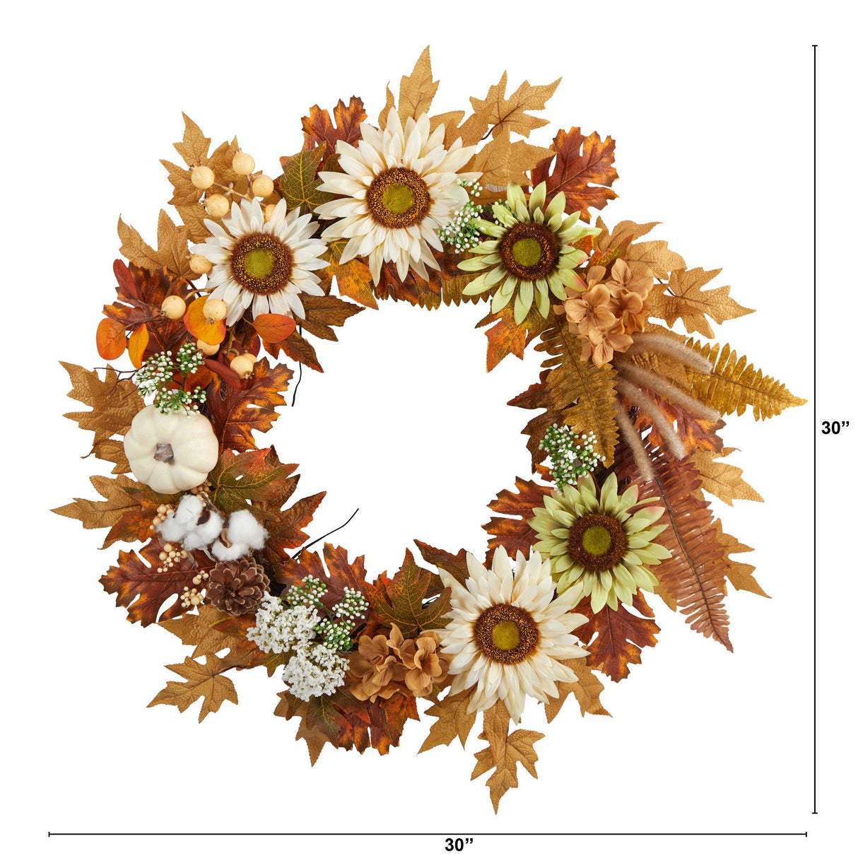 30” Autumn Sunflower, White Pumpkin and Berries Artificial Fall Wreath-Wreath-Parc Decor
