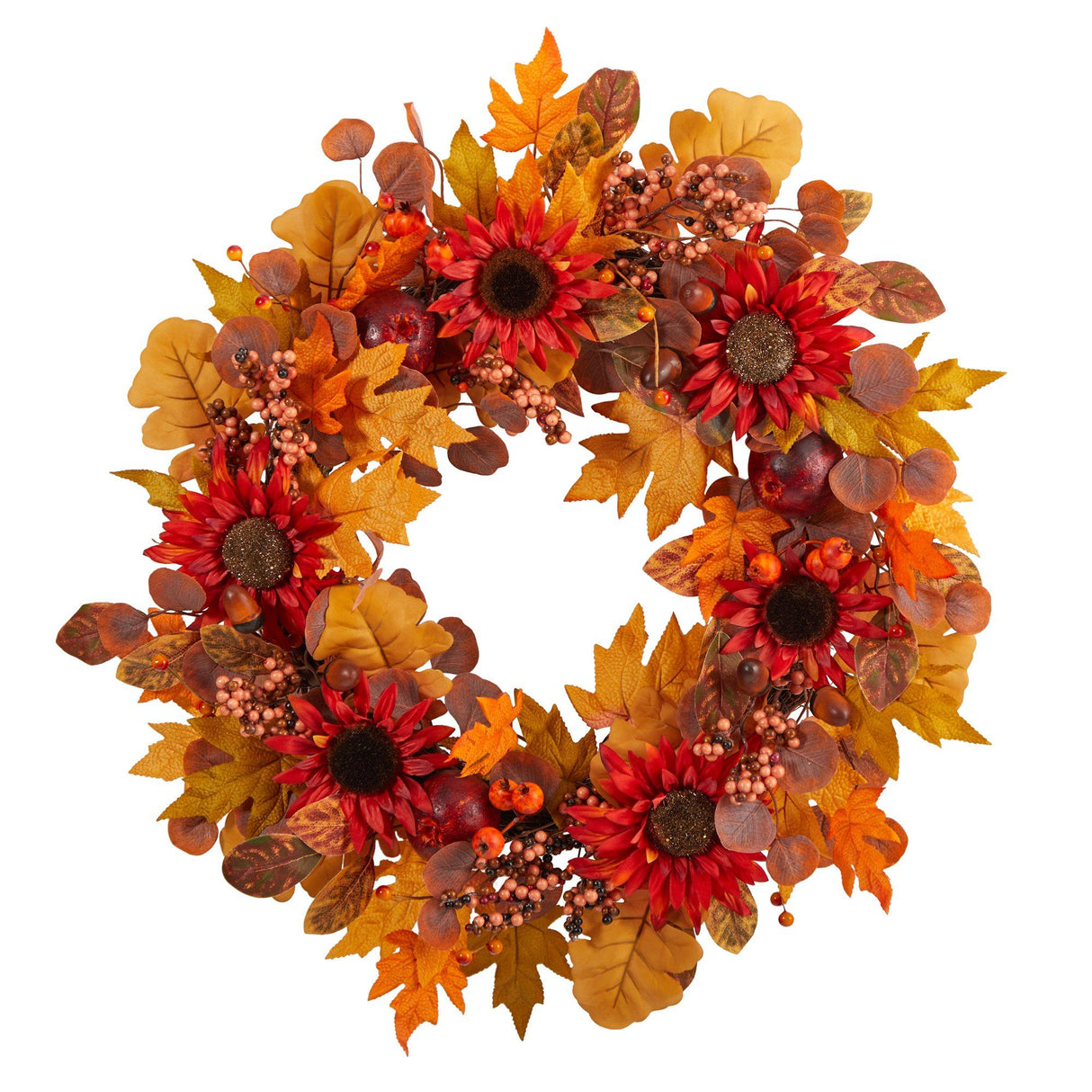 30” Fall Acorn, Sunflower, Berries and Autumn Foliage Artificial Wreath-Wreath-Parc Decor