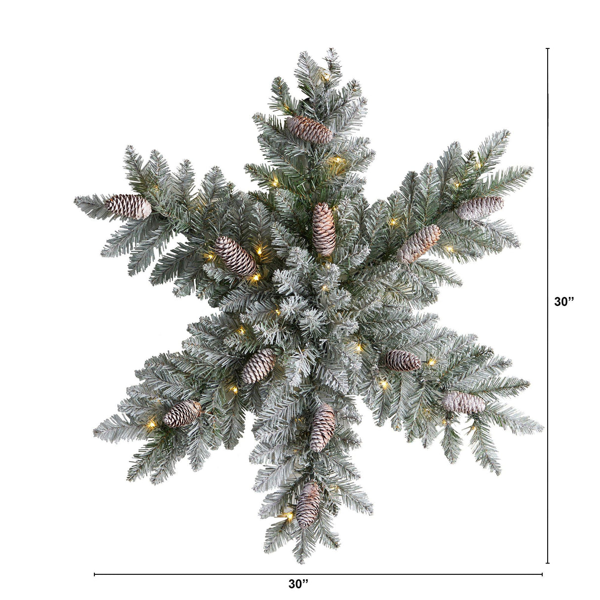 30” Pre-Lit Flocked Snowflake Artificial Dunhill Fir Wreath with Pinecones and 40 LED Lights-Wreath-Parc Decor