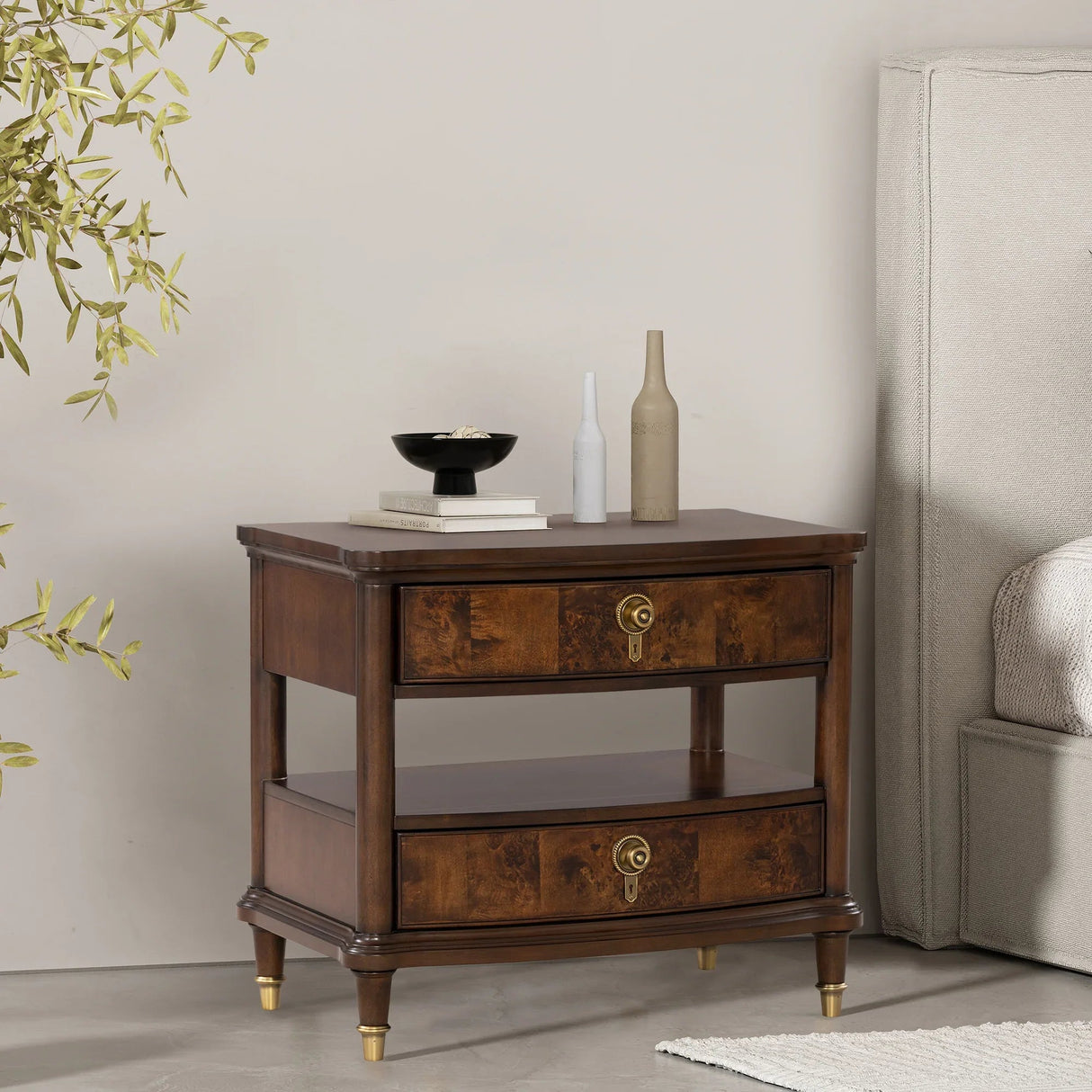 30.5" Westerham French Nightstand Power Outlet with LED Light, Dark Cherry-床头柜-Parc Decor