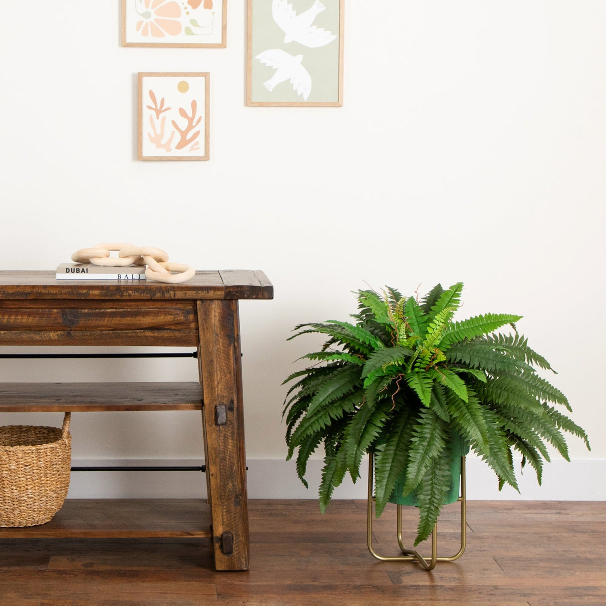 31” Artificial Boston Fern in Patina Metal Planter with Stand-Plant in Planter-Parc Decor