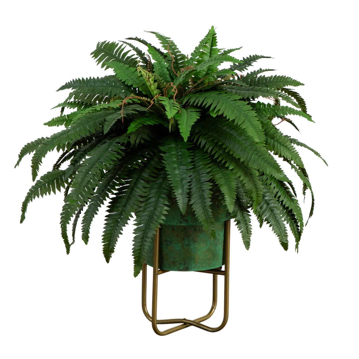 31” Artificial Boston Fern in Patina Metal Planter with Stand-Plant in Planter-Parc Decor