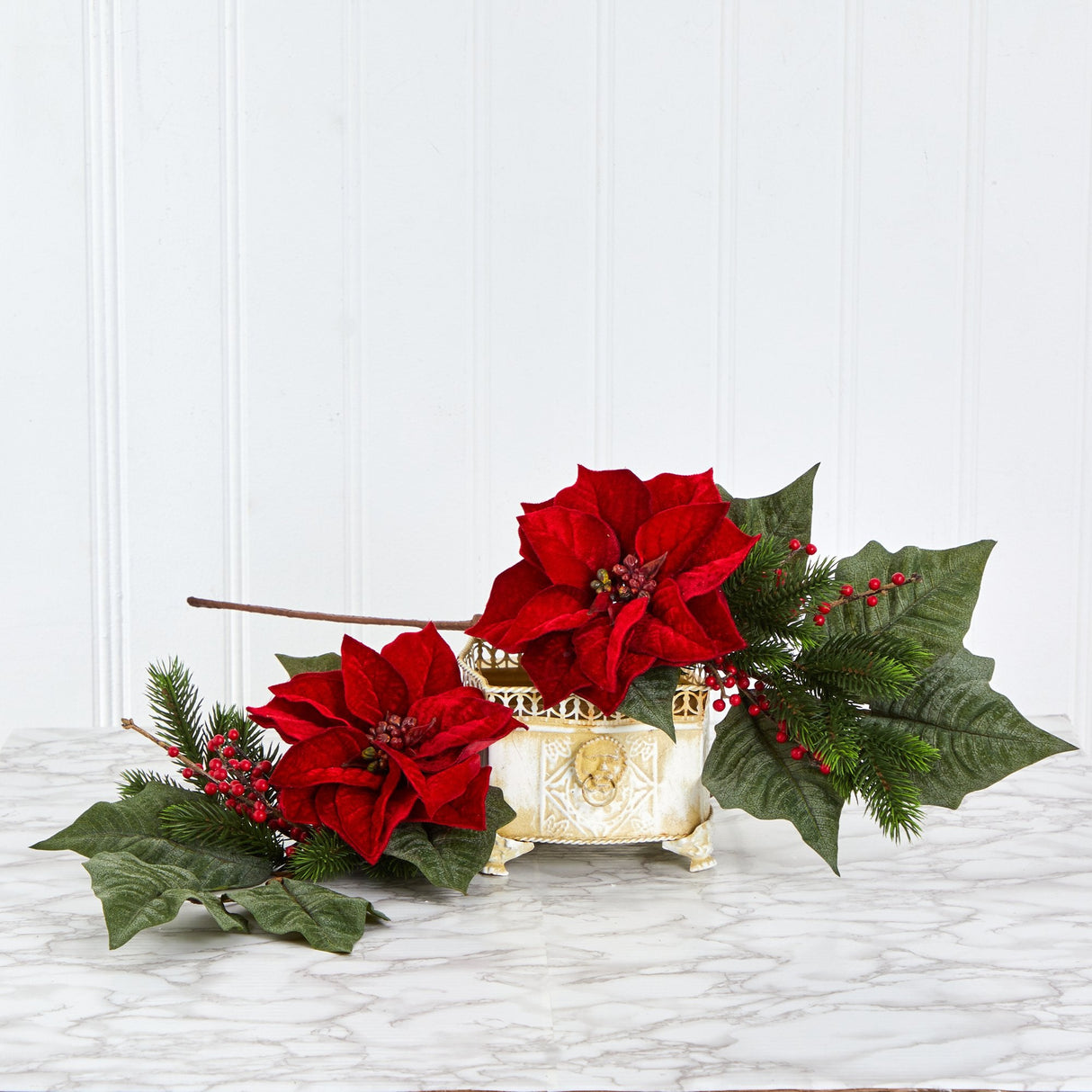 31” Poinsettia, Berries and Pine Artificial Flower Bundle (Set of 3)-Stem-Parc Decor