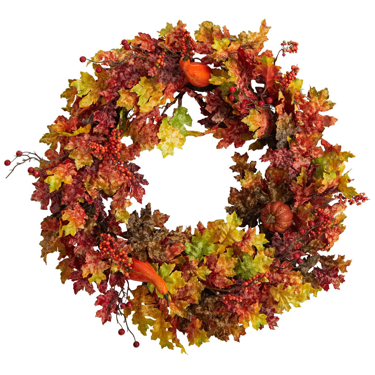 32” Autumn Oak Leaf, Berries and Pumpkin Artificial Autumn Wreath-Wreath-Parc Decor