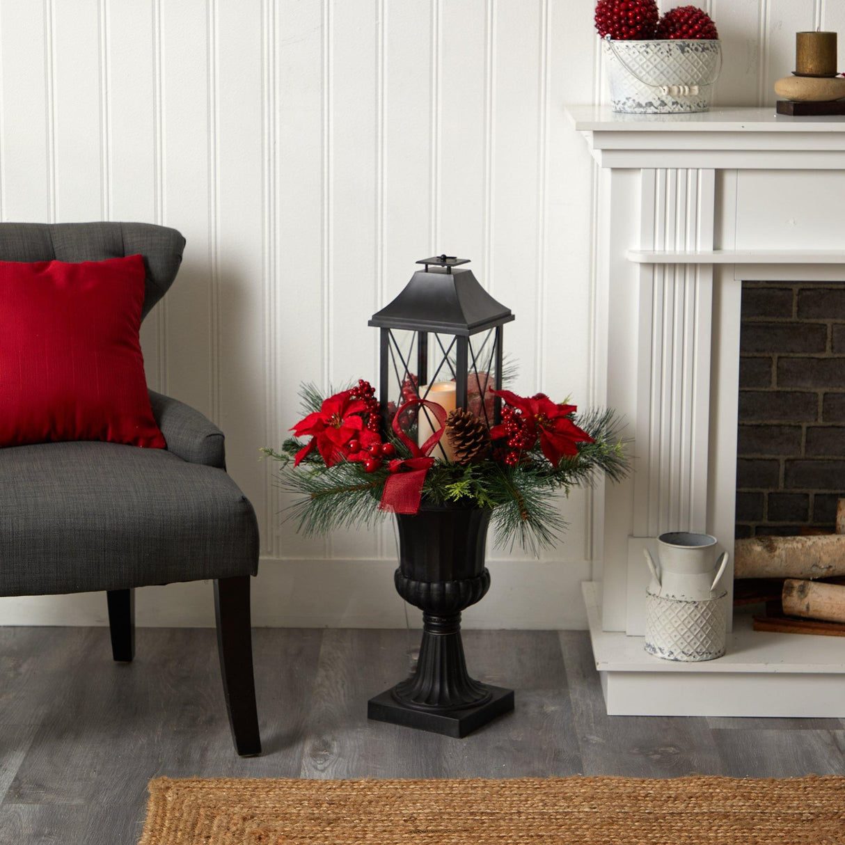 33” Holiday Berries and Poinsettia with Large Lantern and Included LED Candle-Parc Decor