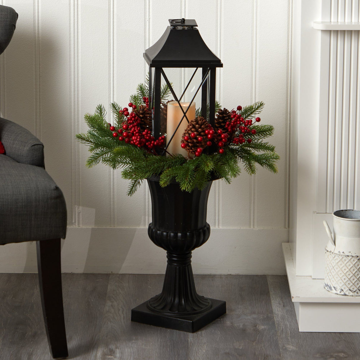 33” Holiday Greenery, Berries and Pinecones in Decorative Urn with Large Lantern-Parc Decor