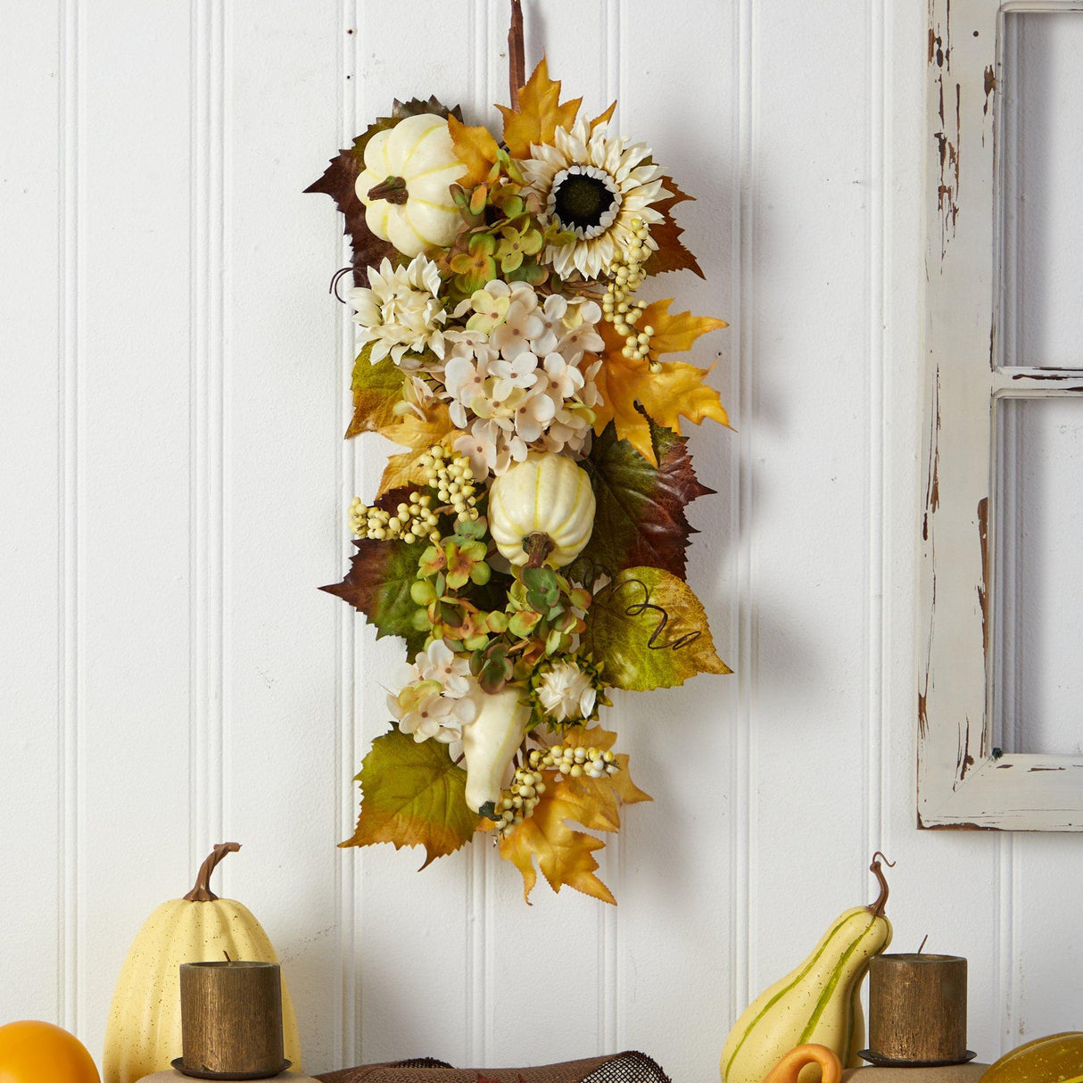 33” Fall Sunflower, Hydrangea and White Pumpkin Artificial Autumn Teardrop-Teardrop-Parc Decor