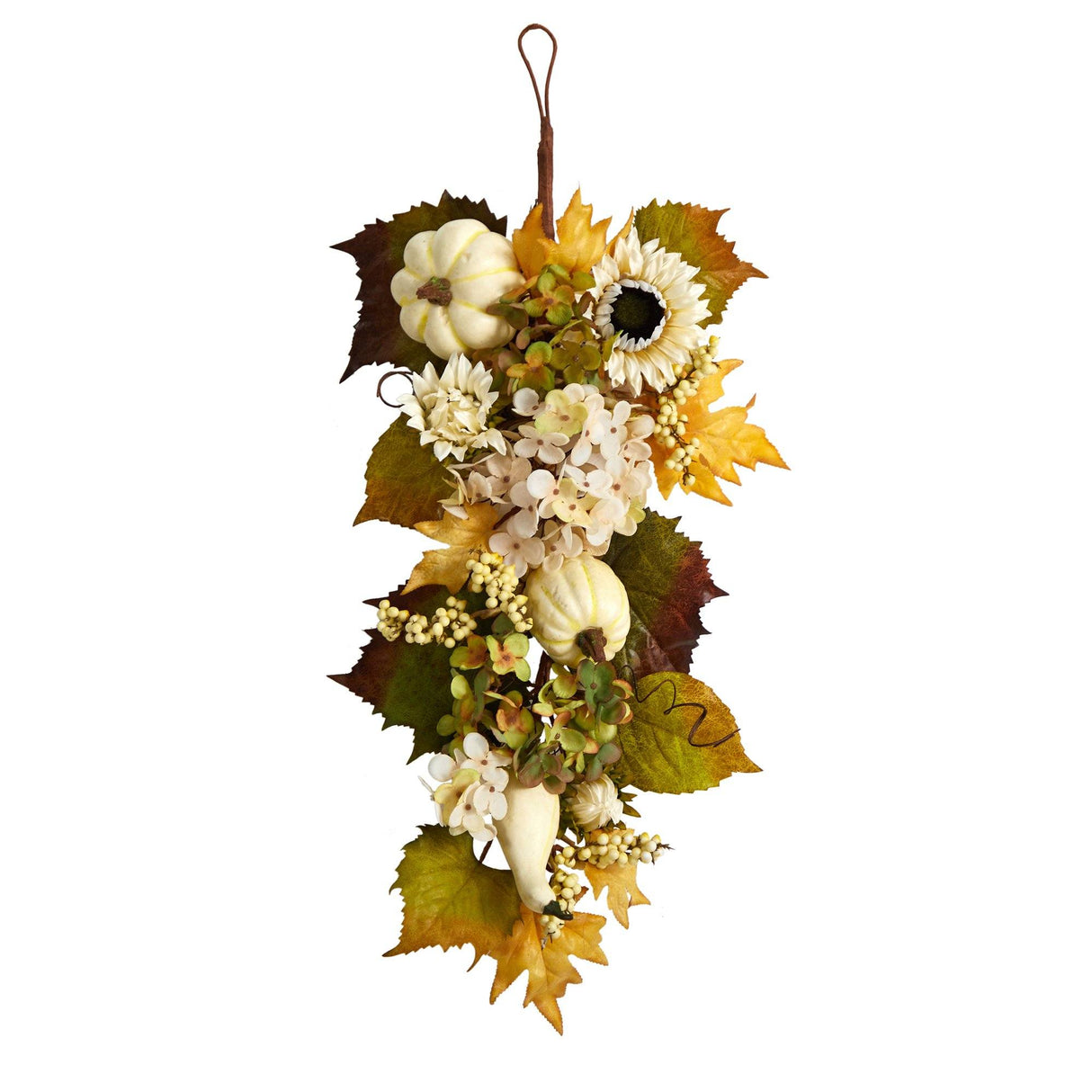 33” Fall Sunflower, Hydrangea and White Pumpkin Artificial Autumn Teardrop-Teardrop-Parc Decor