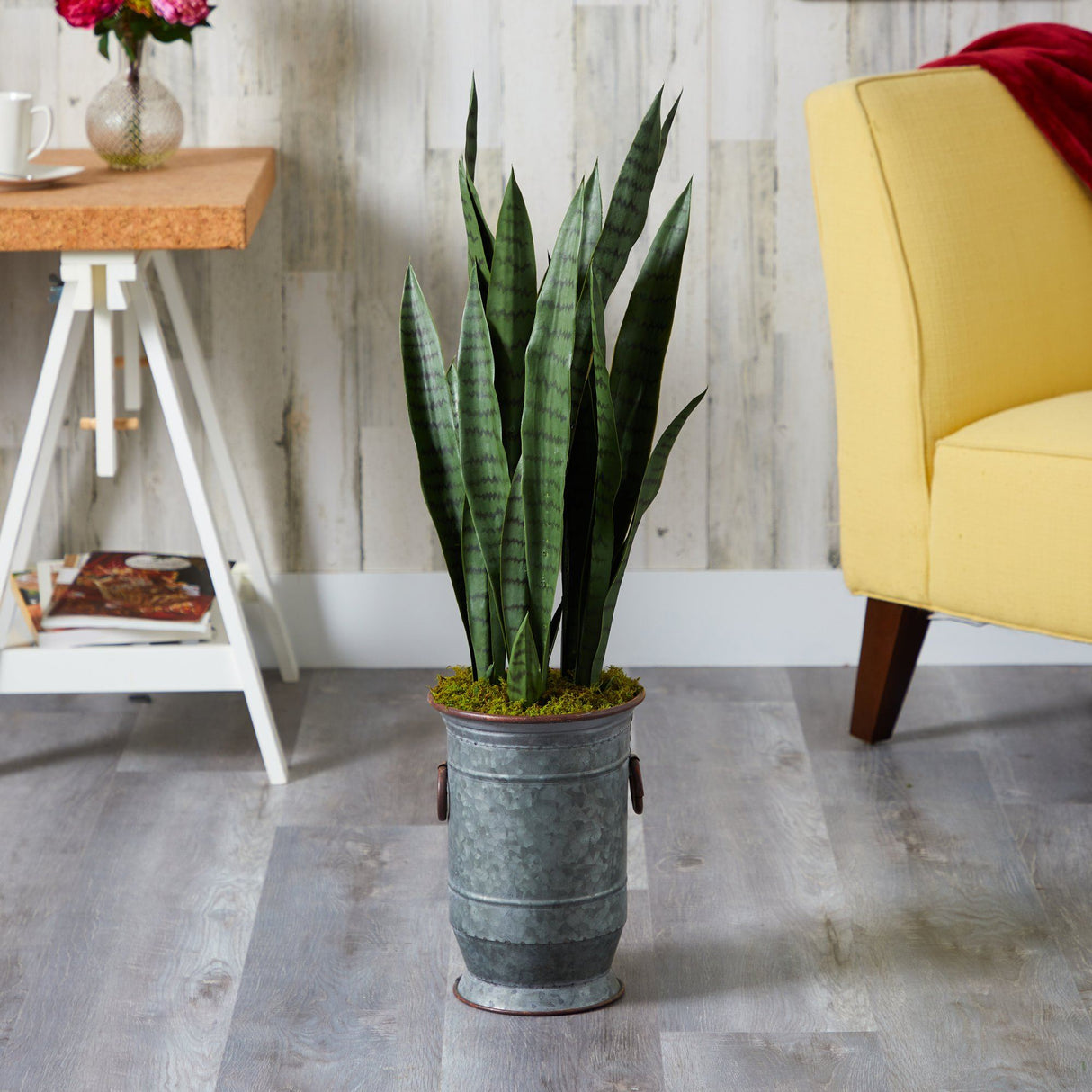 34” Sansevieria Artificial Plant in Vintage Metal Planter-Parc Decor