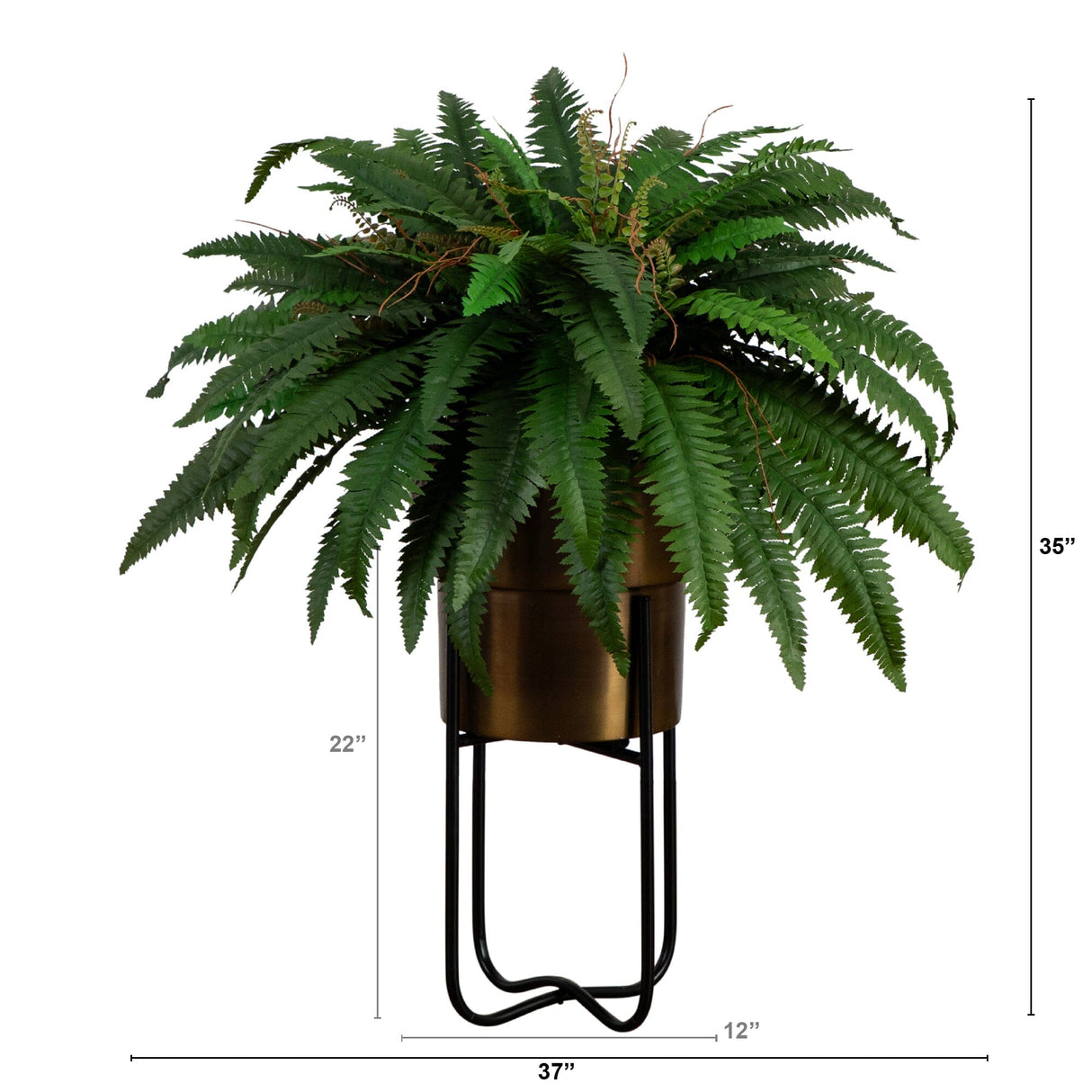 35” Artificial Boston Fern in Brass Metal Planter with Stand-Plant in Planter-Parc Decor