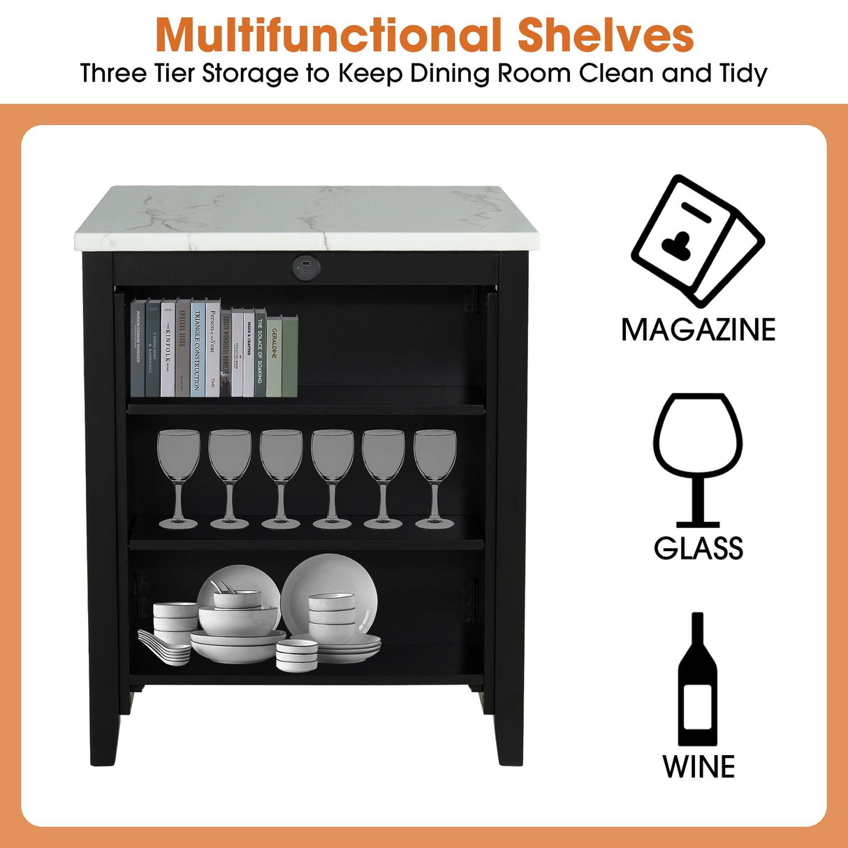 36" Modern Dining Table Set with 2 Stool, High Gloss Table Top, USB-A & USB-C Charging Ports-Parc Decor