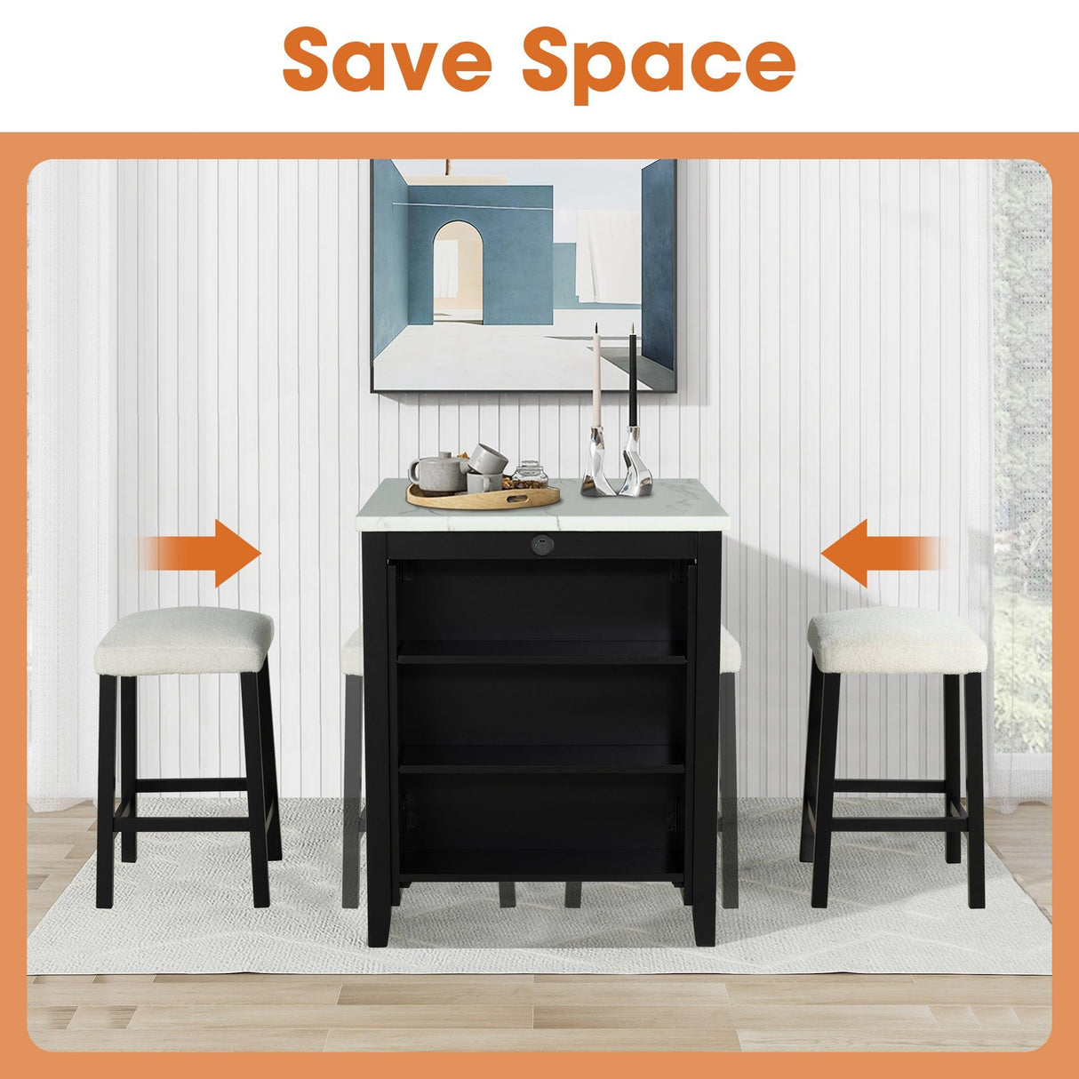 36" Modern Dining Table Set with 2 Stool, High Gloss Table Top, USB-A & USB-C Charging Ports-Parc Decor