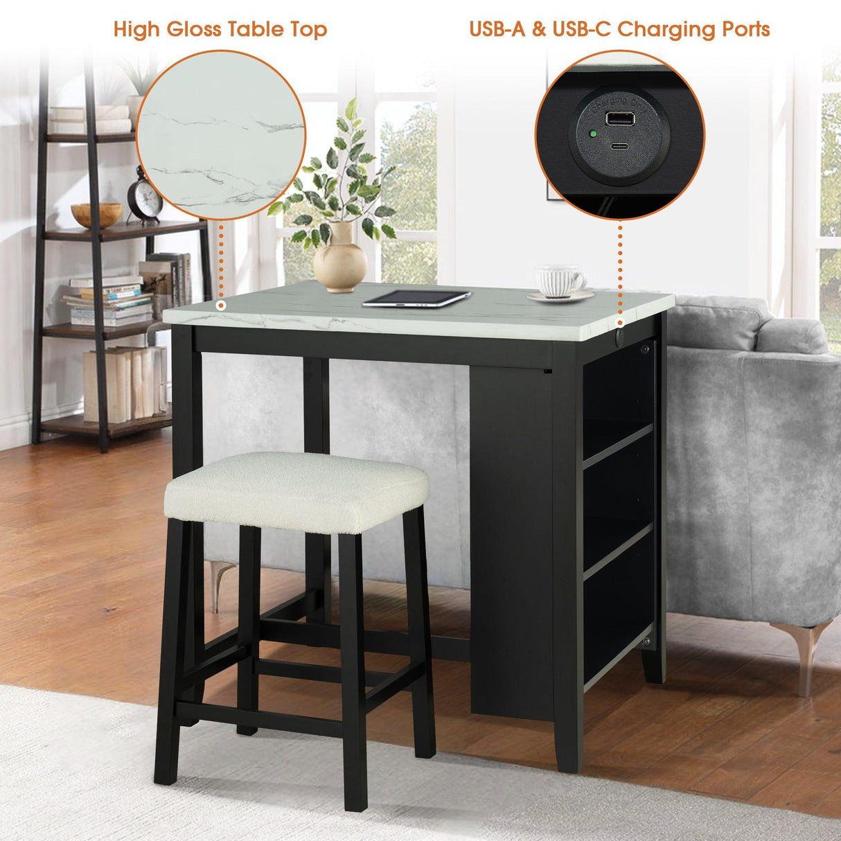 36" Modern Dining Table Set with 2 Stool, High Gloss Table Top, USB-A & USB-C Charging Ports-Parc Decor