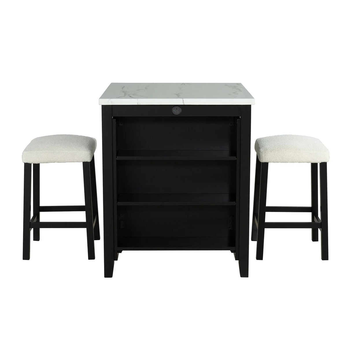 36" Modern Dining Table Set with 2 Stool, High Gloss Table Top, USB-A & USB-C Charging Ports