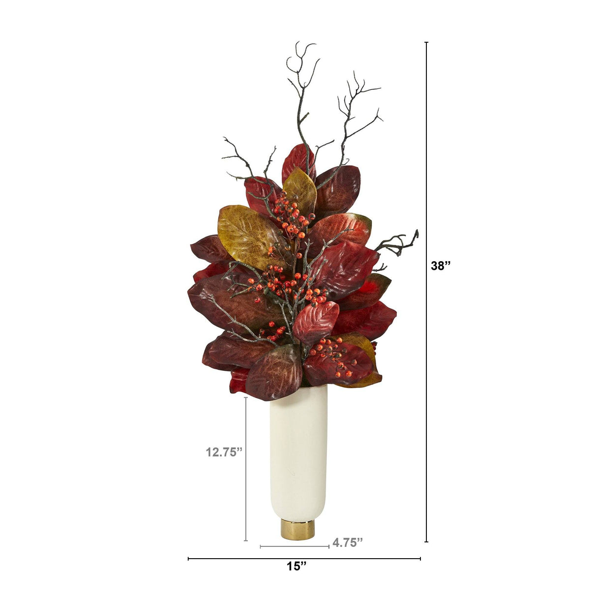 38” Autumn Magnolia Leaf with Berries Artificial Plant in Cream Planter with Gold Base-Stem-Parc Decor