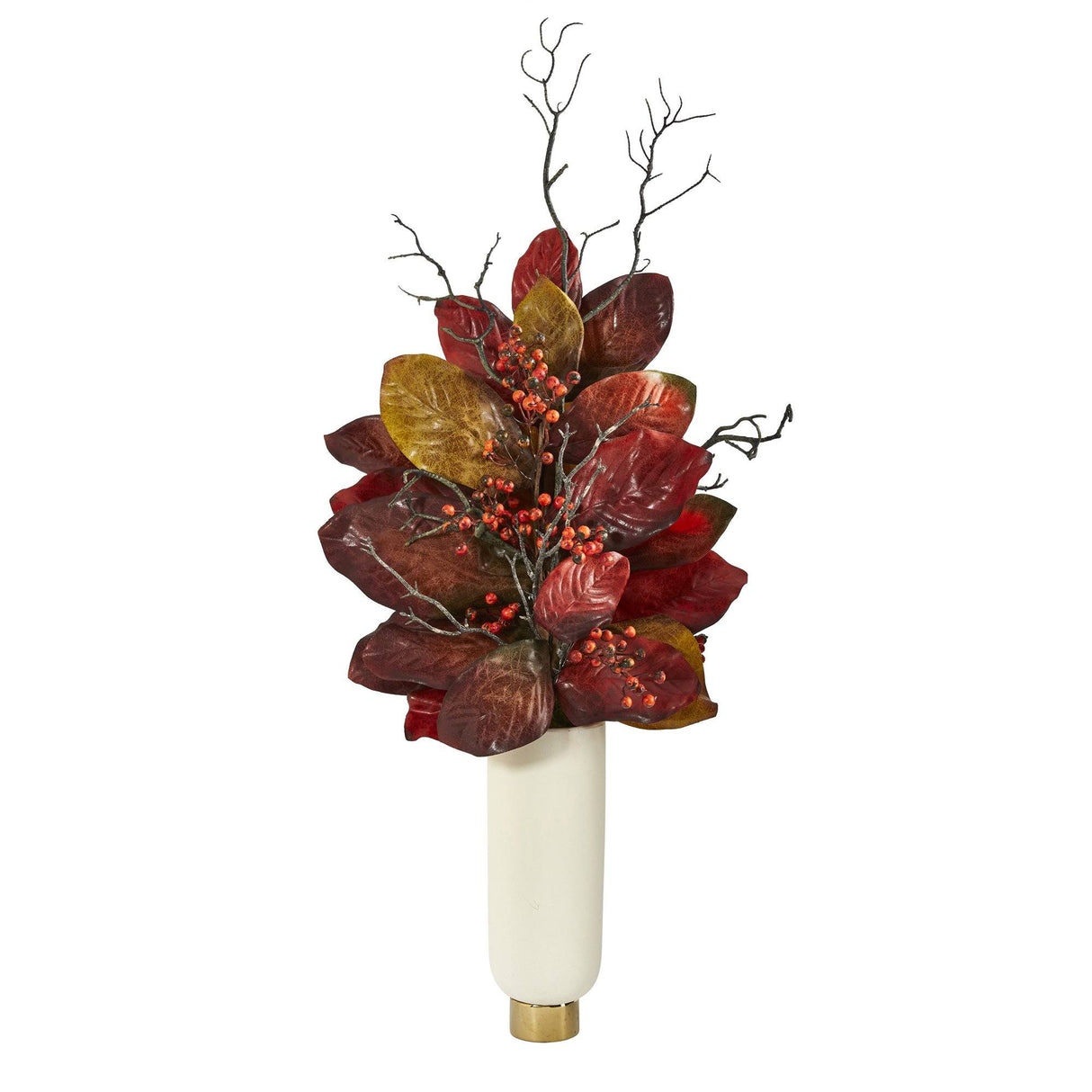 38” Autumn Magnolia Leaf with Berries Artificial Plant in Cream Planter with Gold Base-Stem-Parc Decor