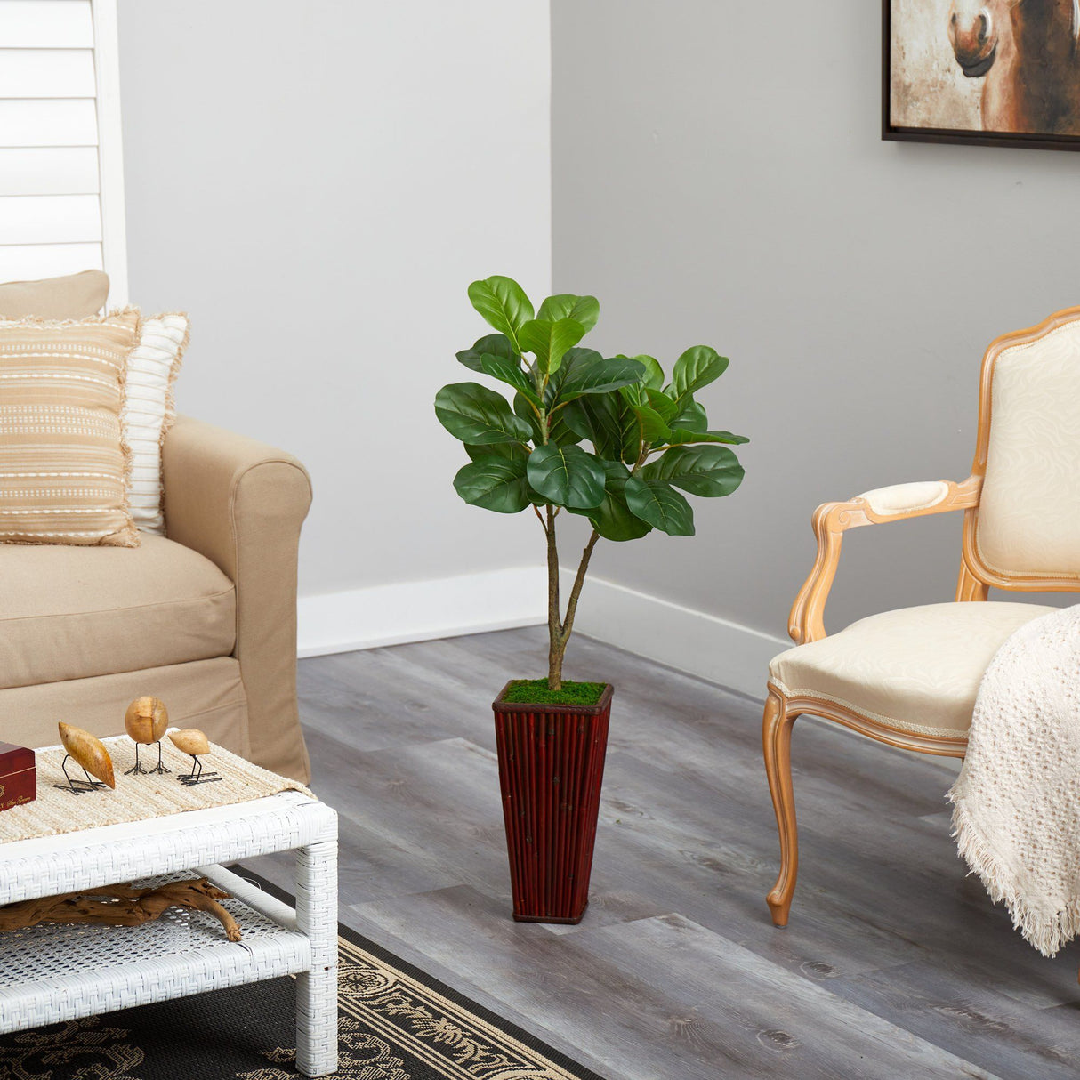 39” Fiddle Leaf Fig Artificial Tree in Bamboo Planter-Parc Decor