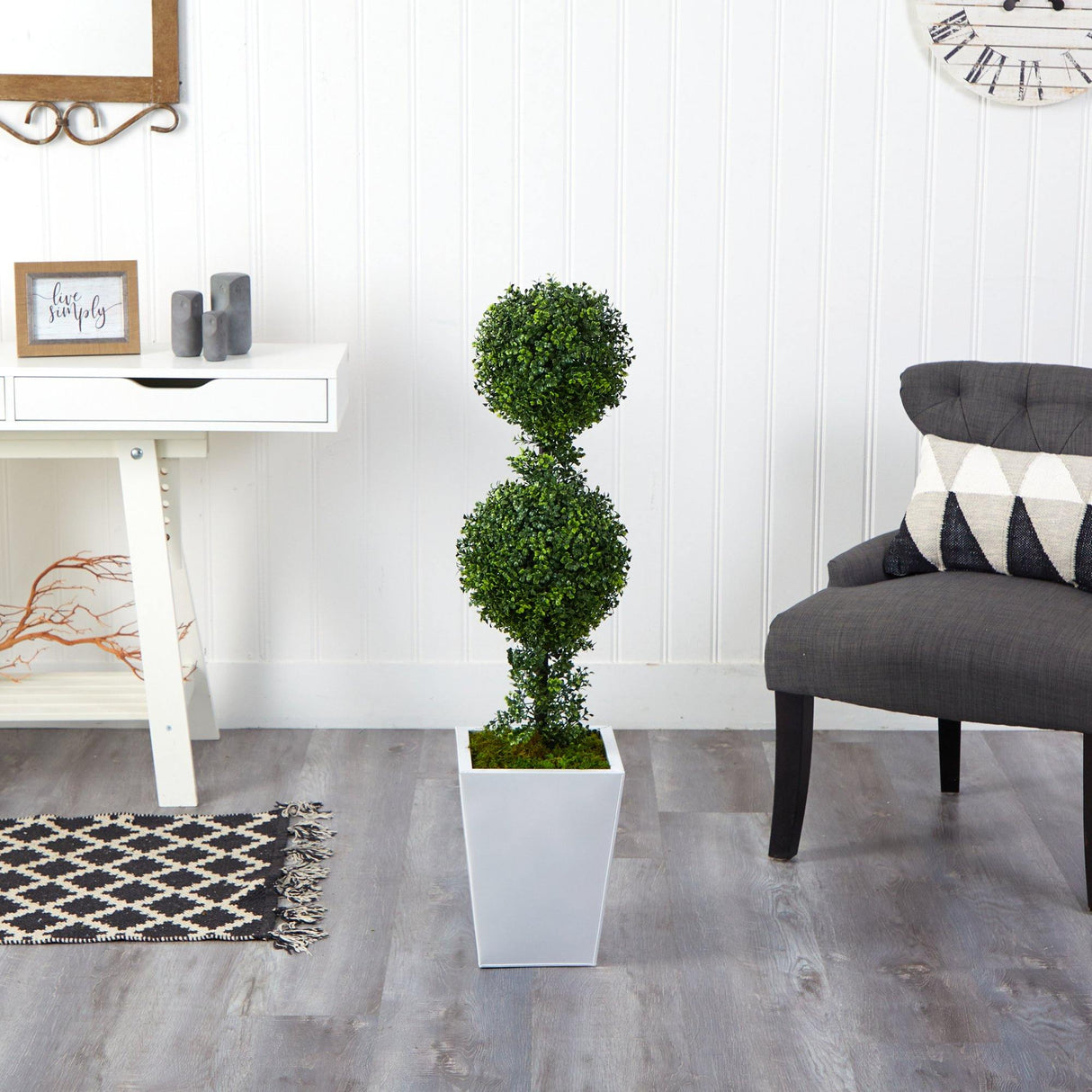 3.5’ Boxwood Double Ball Topiary Artificial Tree in White Metal Planter(Indoor/Outdoor)-Parc Decor