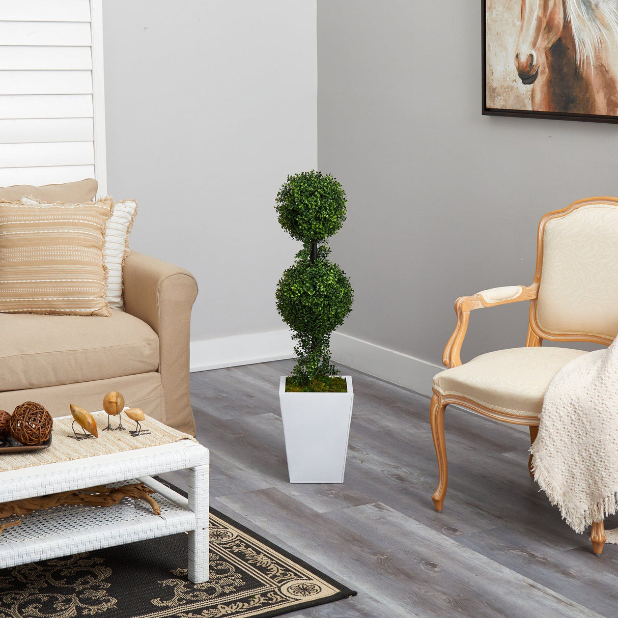 3.5’ Boxwood Double Ball Topiary Artificial Tree in White Metal Planter(Indoor/Outdoor)-Parc Decor