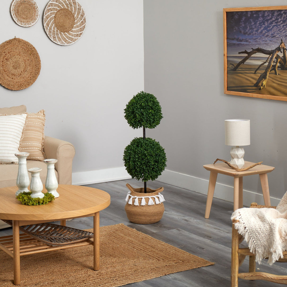 3.5’ Boxwood Double Ball Topiary Tree in Boho Chic Handmade Natural Planter UV Resistant-Parc Decor