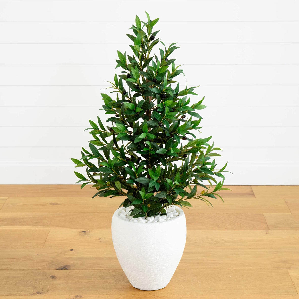 3.5’ Olive Cone Topiary Artificial Tree in White Planter (Indoor/Outdoor)-Parc Decor