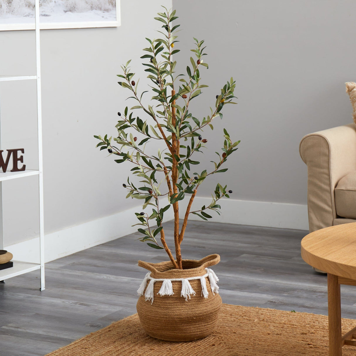 3.5’ Artificial Olive Tree with Handmade Jute & Cotton Basket with Tassels-Plant in Planter-Parc Decor