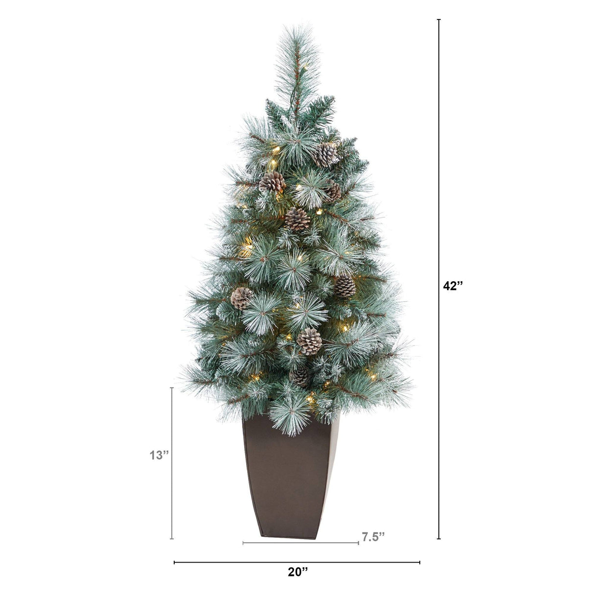 3.5’ Frosted Tip British Columbia Mountain Pine Artificial Christmas Tree with 50 Clear Lights, Pine Cones and 112 Bendable Branches in Metal Planter-Christmas Tree-Parc Decor
