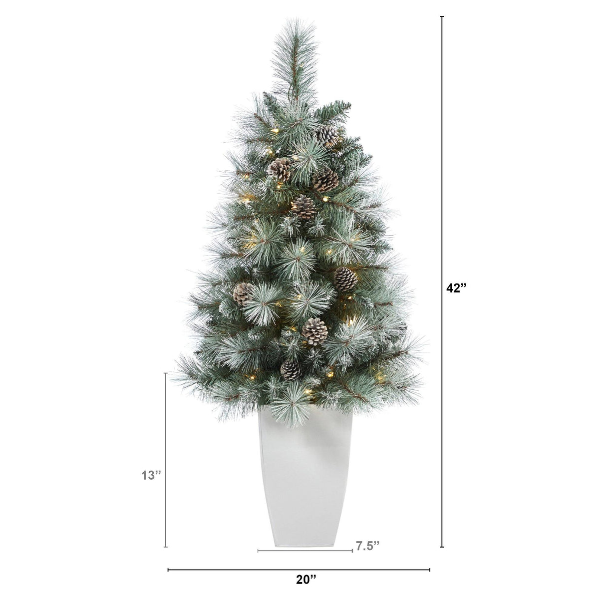 3.5’ Frosted Tip British Columbia Mountain Pine Artificial Christmas Tree with 50 Clear Lights, Pine Cones and 112 Bendable Branches in Metal Planter-Christmas Tree-Parc Decor