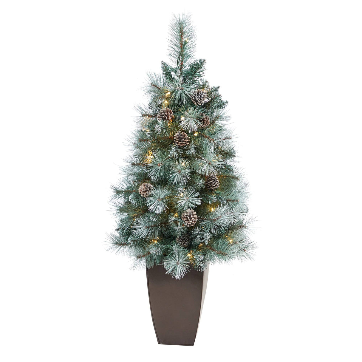 3.5’ Frosted Tip British Columbia Mountain Pine Artificial Christmas Tree with 50 Clear Lights, Pine Cones and 112 Bendable Branches in Metal Planter-Christmas Tree-Parc Decor