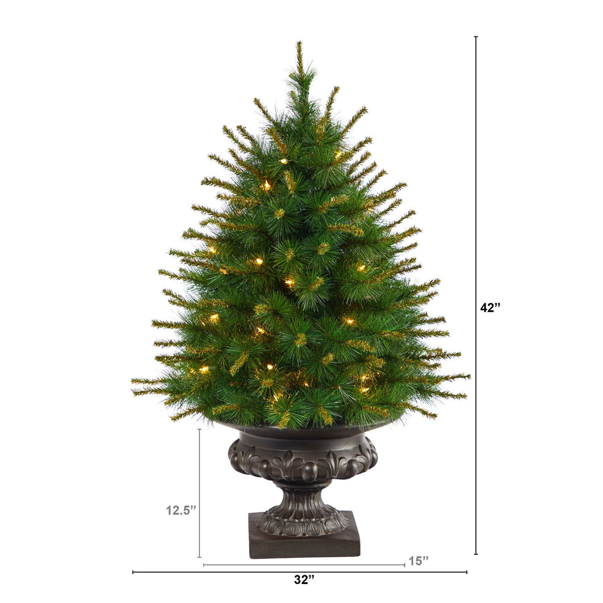 3.5’ New England Pine Artificial Christmas Tree with 50 Clear Lights and 117 Bendable Branches in Iron Colored Urn-Christmas Tree-Parc Decor