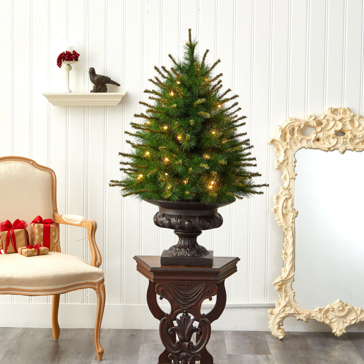 3.5’ New England Pine Artificial Christmas Tree with 50 Clear Lights and 117 Bendable Branches in Iron Colored Urn-Christmas Tree-Parc Decor