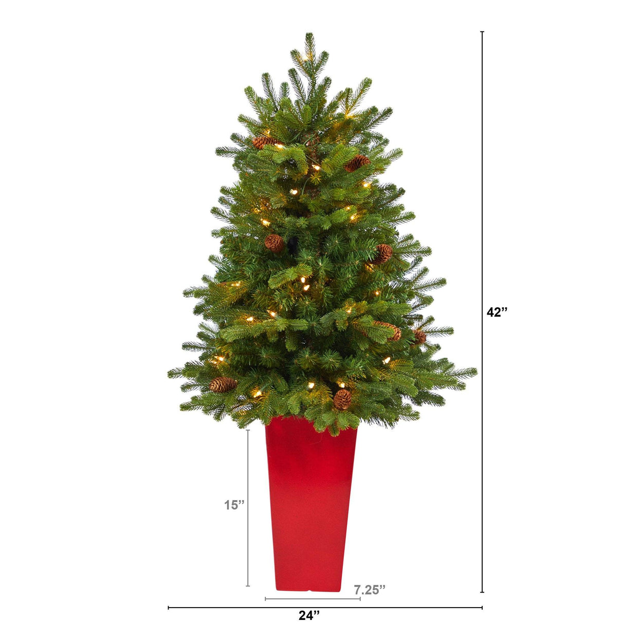 3.5’ Yukon Mountain Fir Artificial Christmas Tree with 50 Clear Lights and Pine Cones in Red Planter-Christmas Tree-Parc Decor