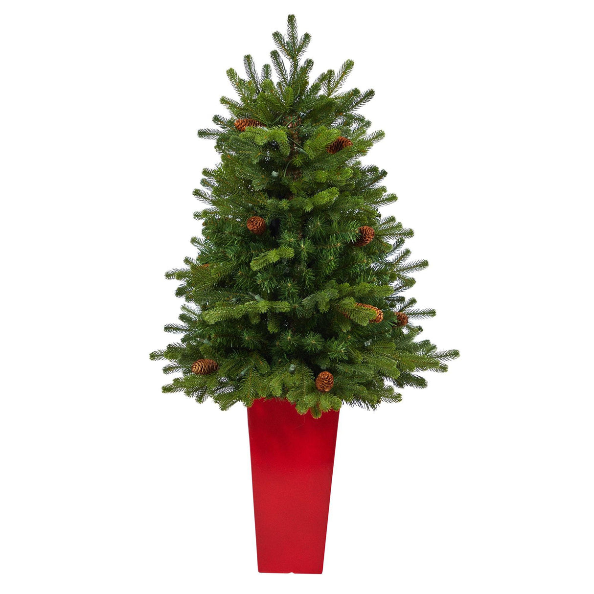 3.5’ Yukon Mountain Fir Artificial Christmas Tree with 50 Clear Lights and Pine Cones in Red Planter-Christmas Tree-Parc Decor