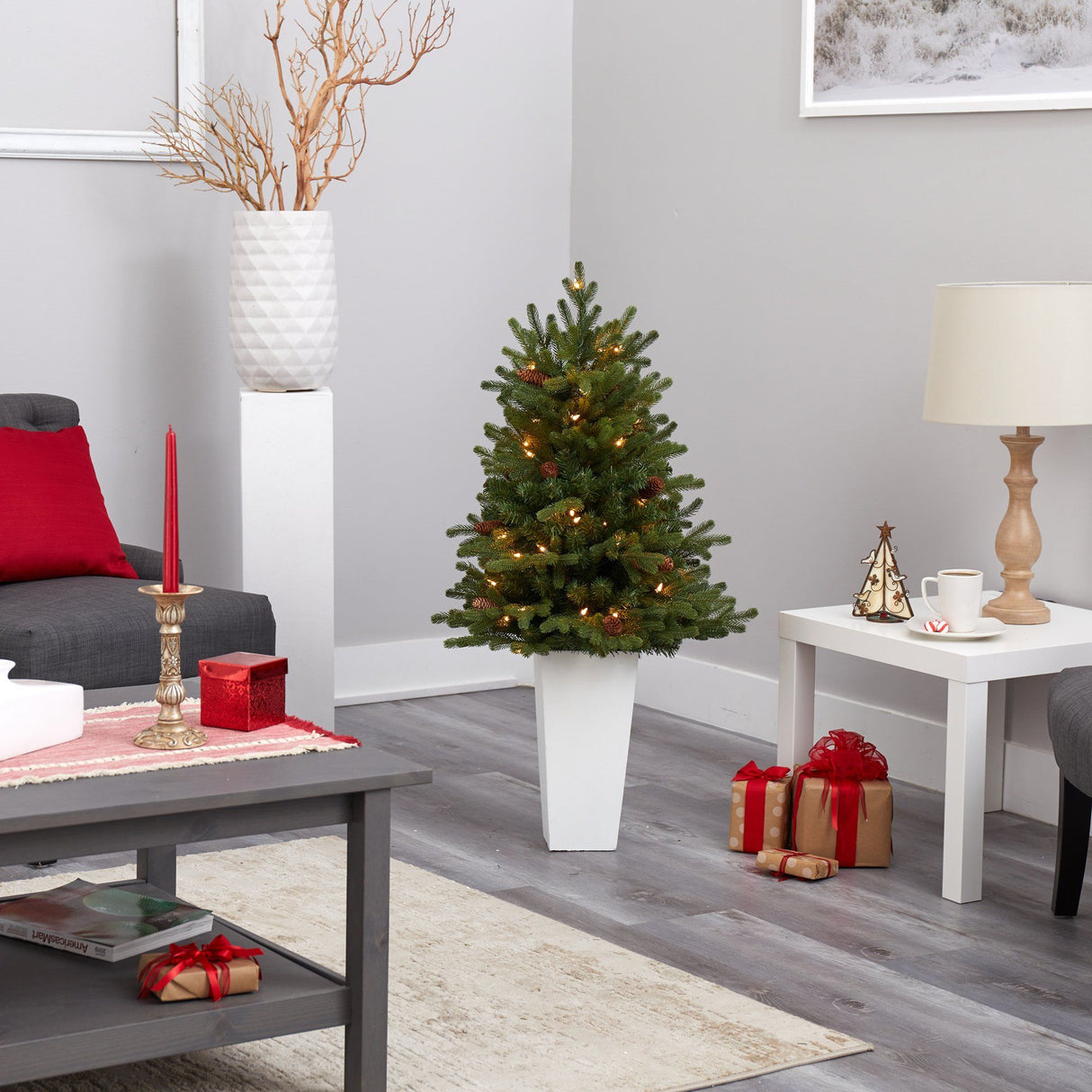 3.5’ Yukon Mountain Fir Artificial Christmas Tree with 50 Clear Lights and Pine Cones in White Planter-Christmas Tree-Parc Decor