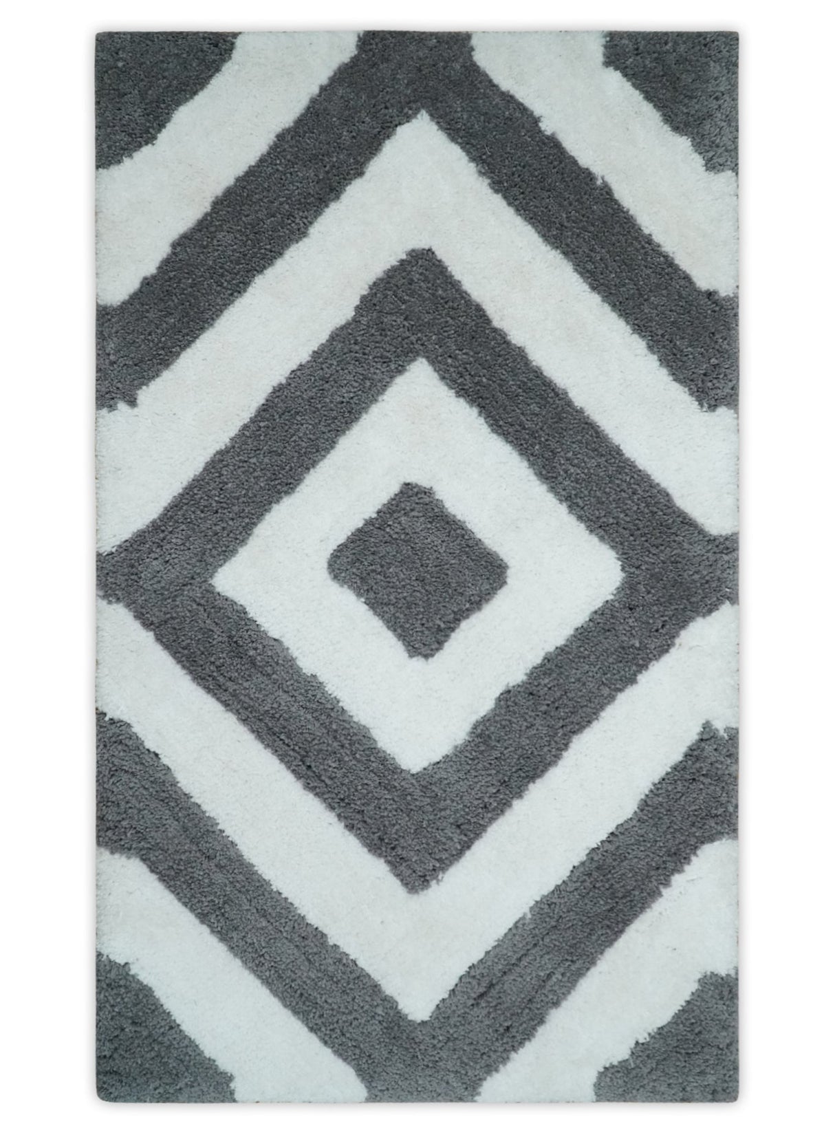 3x5, 4x6 and 5x7 Hand Woven Shag Ivory and Gray Geometrical Pattern Art Silk Soft Viscose Area Rug-Area Rug-Parc Decor