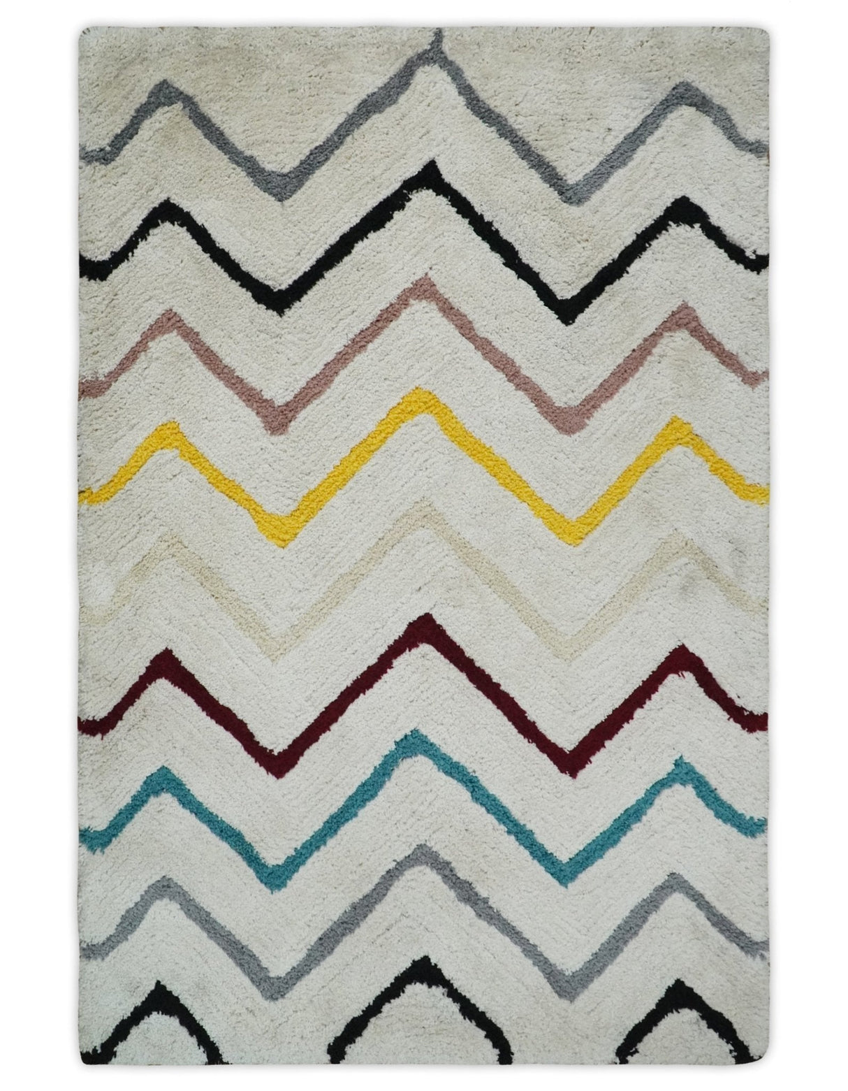 3x5, 4x6 and 5x7 Hand Woven Shag Ivory with multicolor Stripes Art Silk Soft Viscose Area Rug-Area Rug-Parc Decor