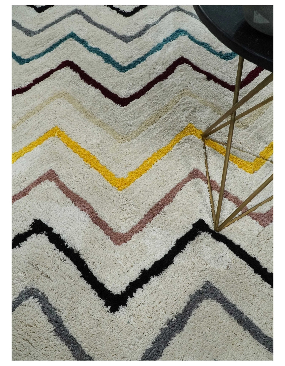 3x5, 4x6 and 5x7 Hand Woven Shag Ivory with multicolor Stripes Art Silk Soft Viscose Area Rug-Area Rug-Parc Decor